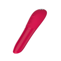 A cherry red vibrator with buttons and a silver tip.