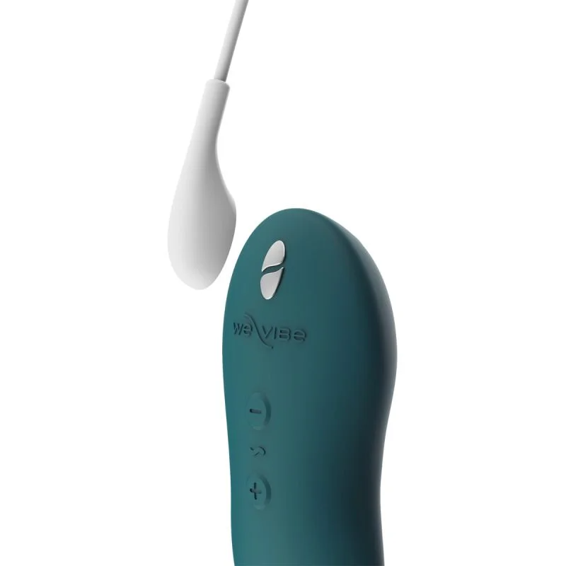 A teal We-Vibe massager with a white attachment and control buttons.
