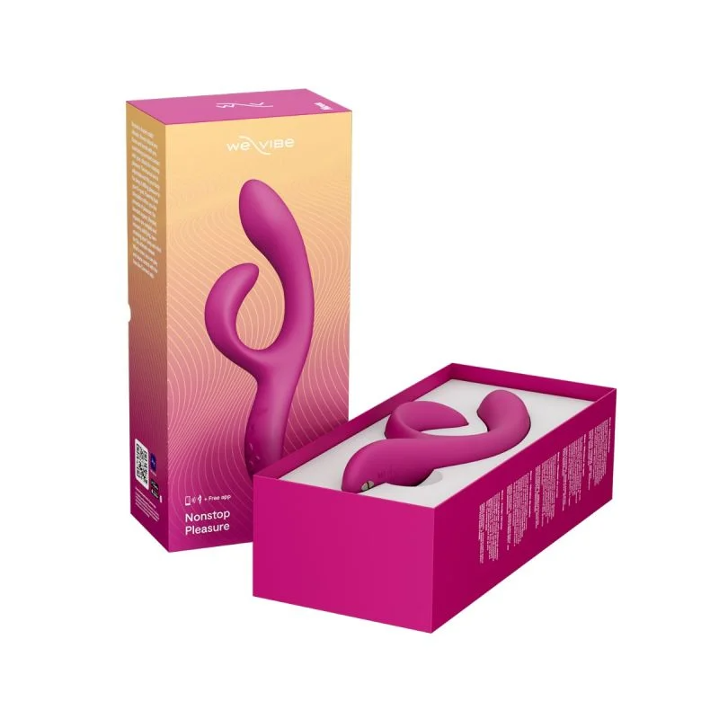 A fuchsia Nova 2 rabbit vibrator in its box, with the We-Vibe logo.
