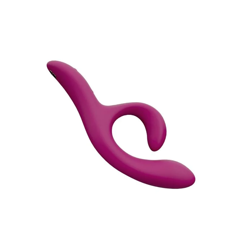 A fuchsia rabbit vibrator with a curved design for dual stimulation.