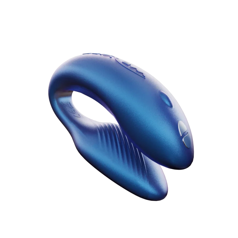 A blue We-Vibe Chorus couples vibrator with textured ridges and button accents.