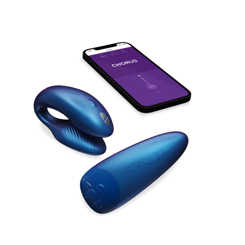 App-controlled couples vibrator in cosmic blue.