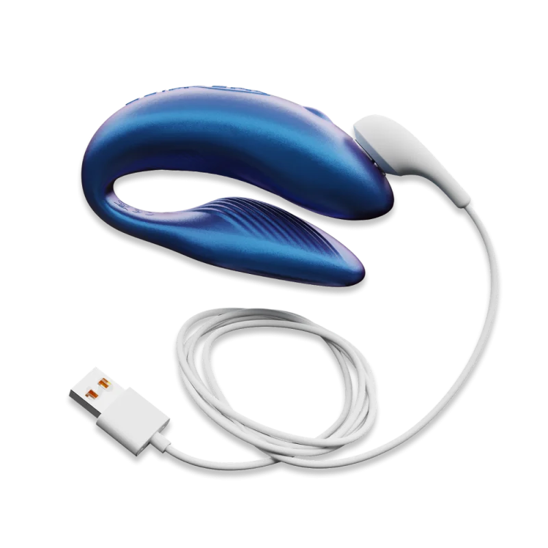 Cosmic Blue We-Vibe Chorus couples vibrator with USB charging cable.