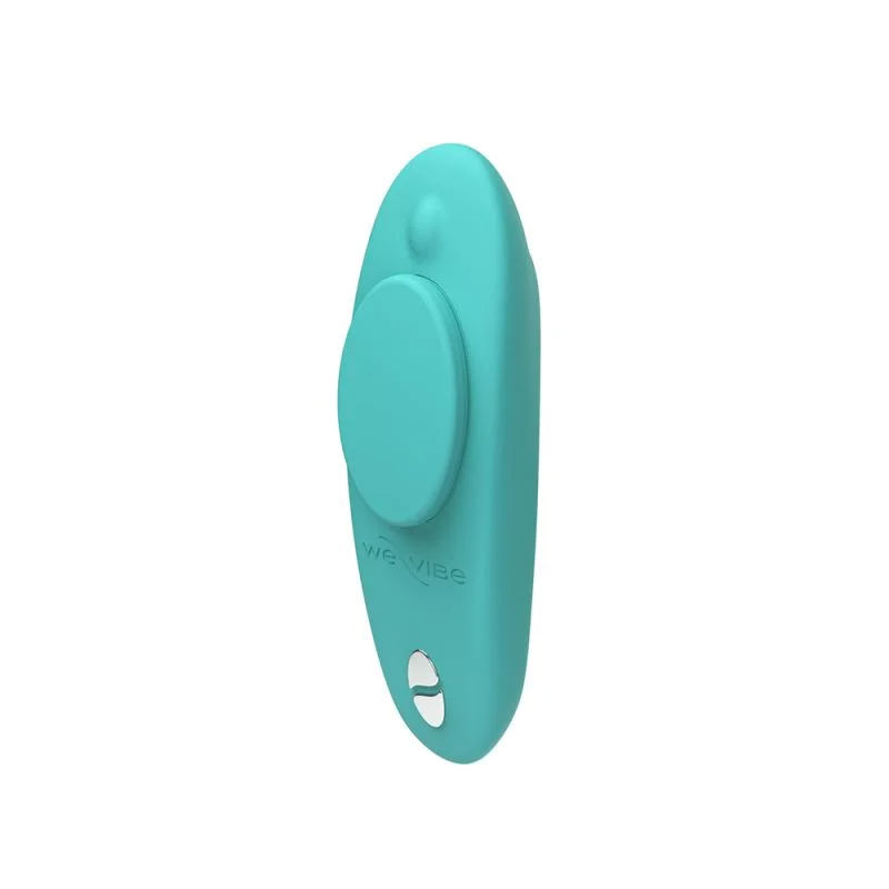 Aqua colored wearable panty vibrator with a circular button.