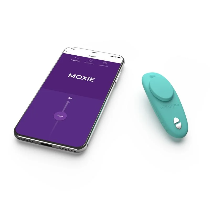 Aqua Moxie+ app-controlled wearable panty vibrator with phone.