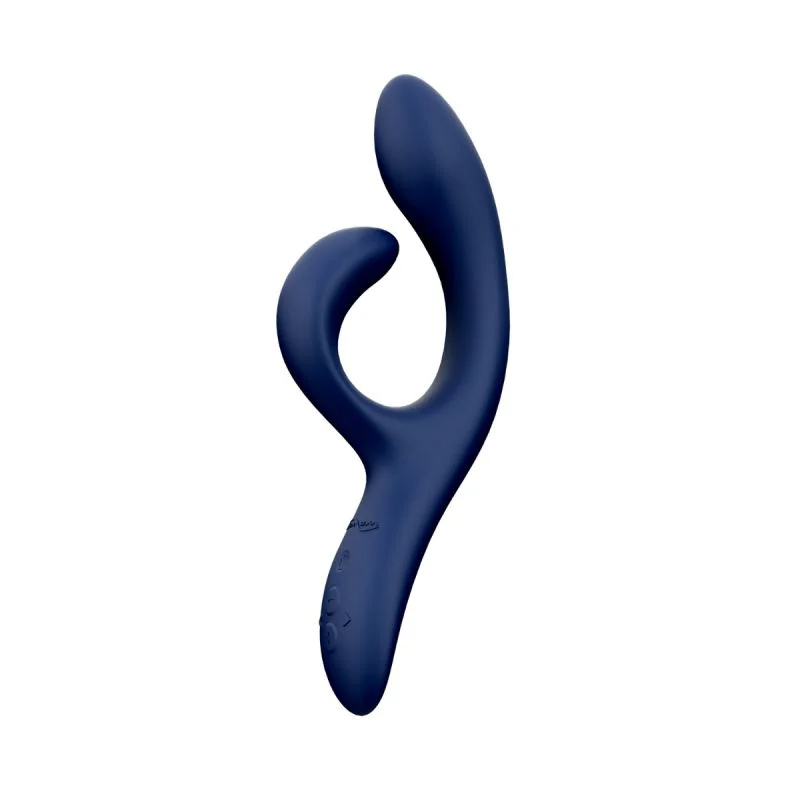 A dark blue rabbit vibrator with a curved design and buttons on the handle.