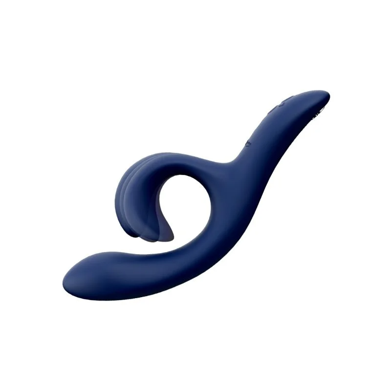 A dark blue rabbit vibrator with a curved design and a loop.
