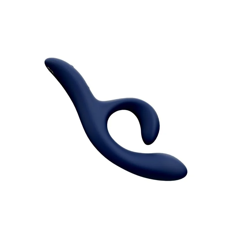 A dark blue, curved vibrator with a loop and a pointed end.