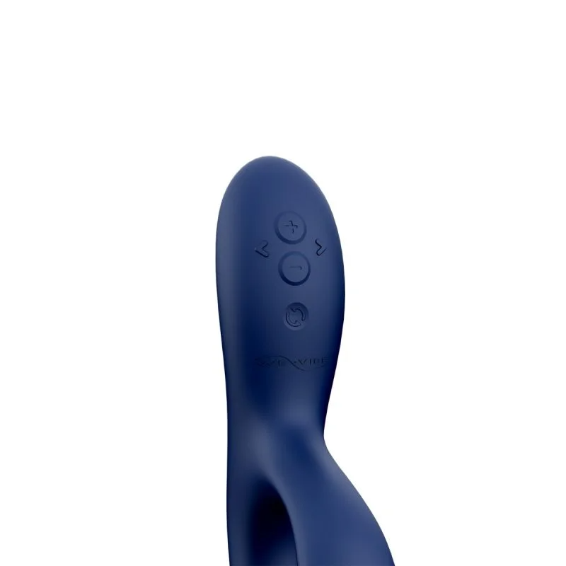 A dark blue rabbit vibrator with control buttons and branding.