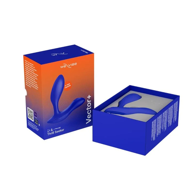 Blue We-Vibe Vector+ dual prostate and perineum vibrator in packaging.