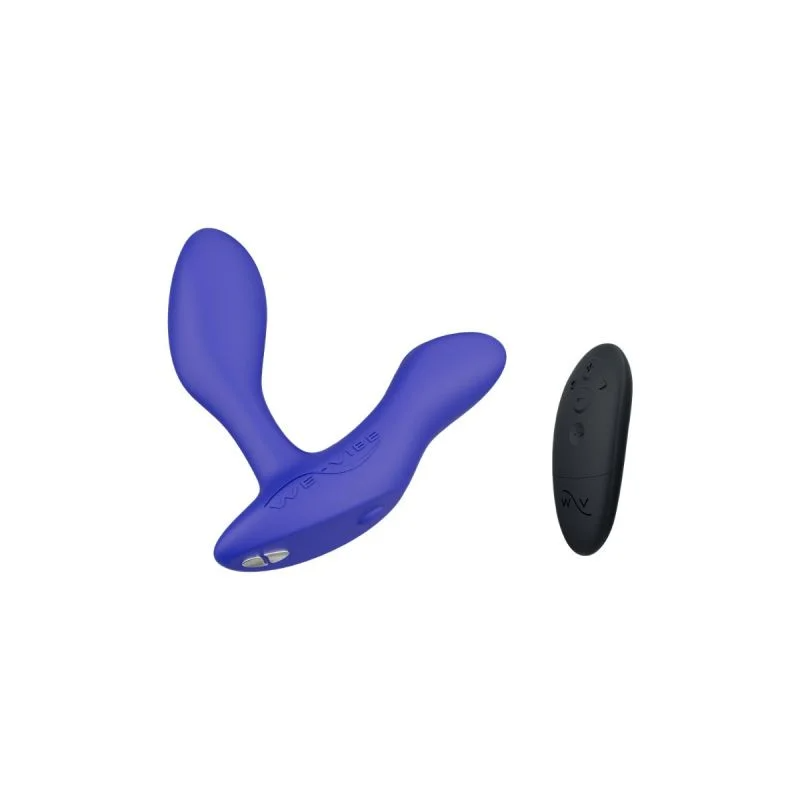 Blue dual prostate and perineum vibrator with a black remote.