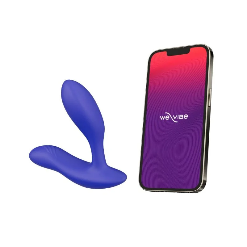 Blue dual prostate and perineum vibrator next to a smartphone.