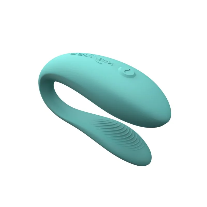 Aqua app-controlled couples vibrator with a curved design.