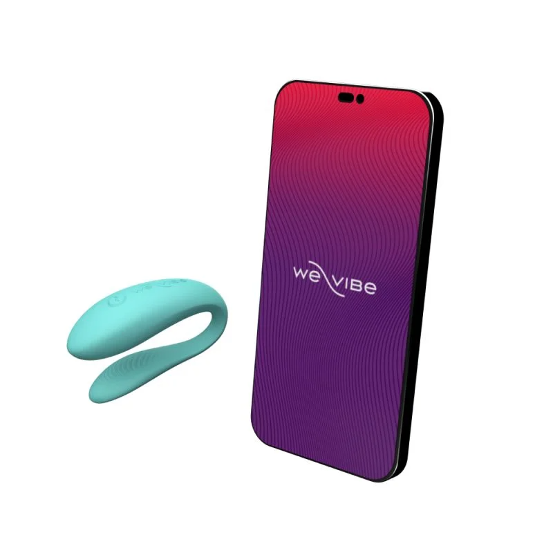 Aqua We-Vibe Sync Lite couples vibrator next to a smartphone.