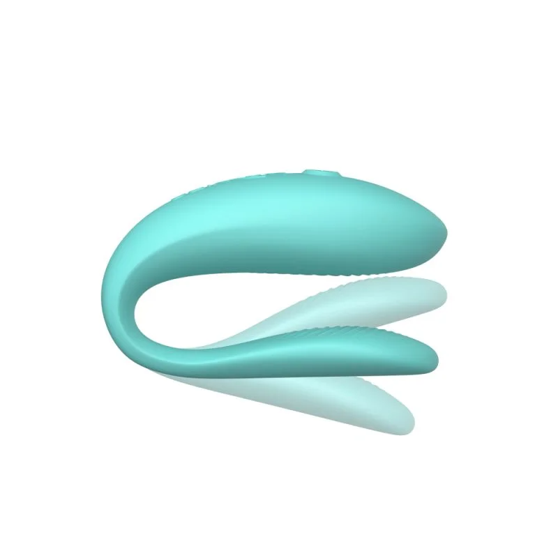 Aqua app-controlled couples vibrator with a curved, ergonomic design.