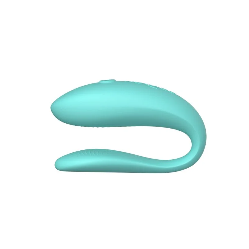 Aqua app-controlled couples vibrator with a U-shaped design.