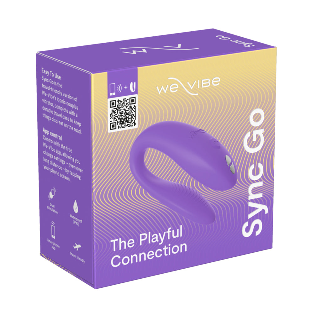 A purple We-Vibe Sync Go couples vibrator in its box.