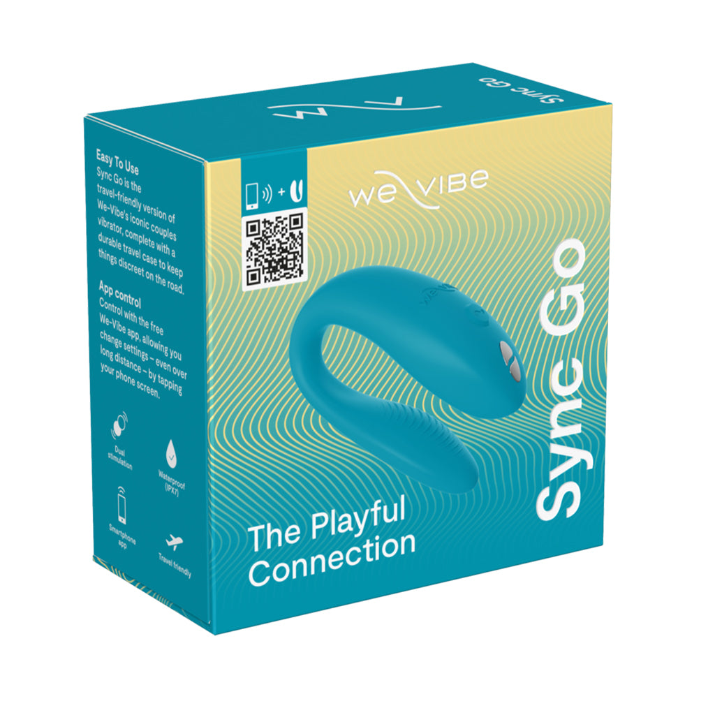 Turquoise We-Vibe Sync Go couples vibrator in its packaging.