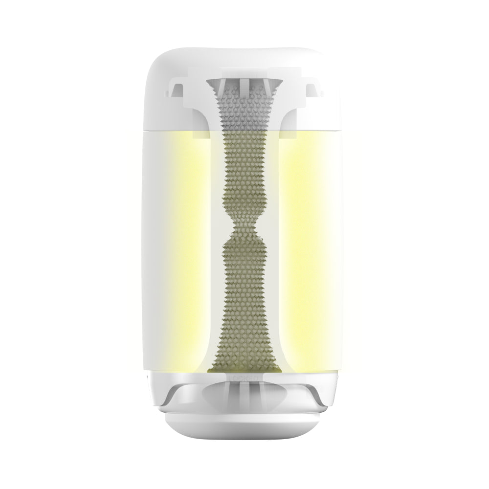 Tenga Puffy Sugar White reusable stroker with internal textured sleeve and yellow liquid.