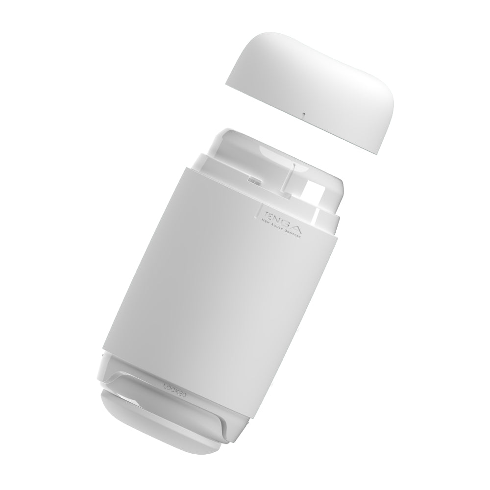 Tenga Puffy Sugar White reusable soft silicone stroker with cap removed.