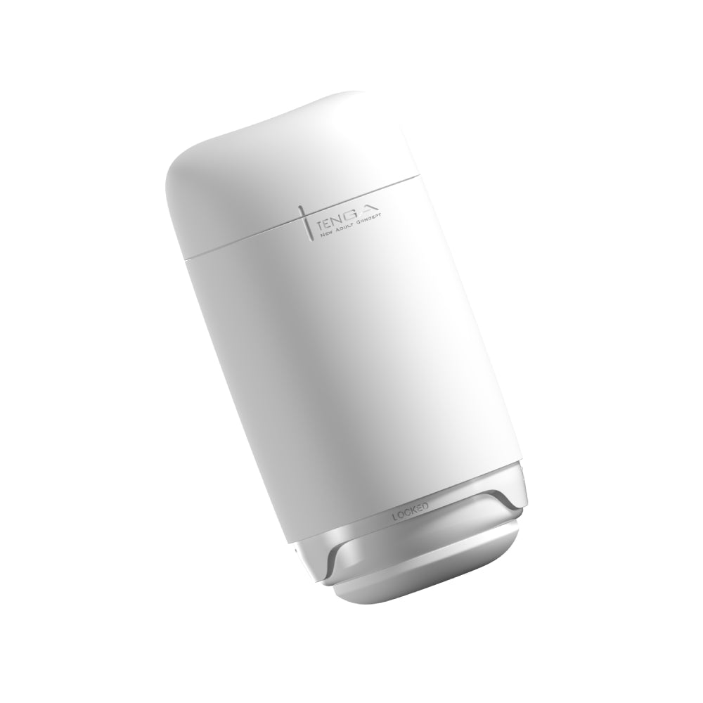 Tenga Puffy Sugar White reusable soft silicone stroker with "Tenga" and "Locked" text.
