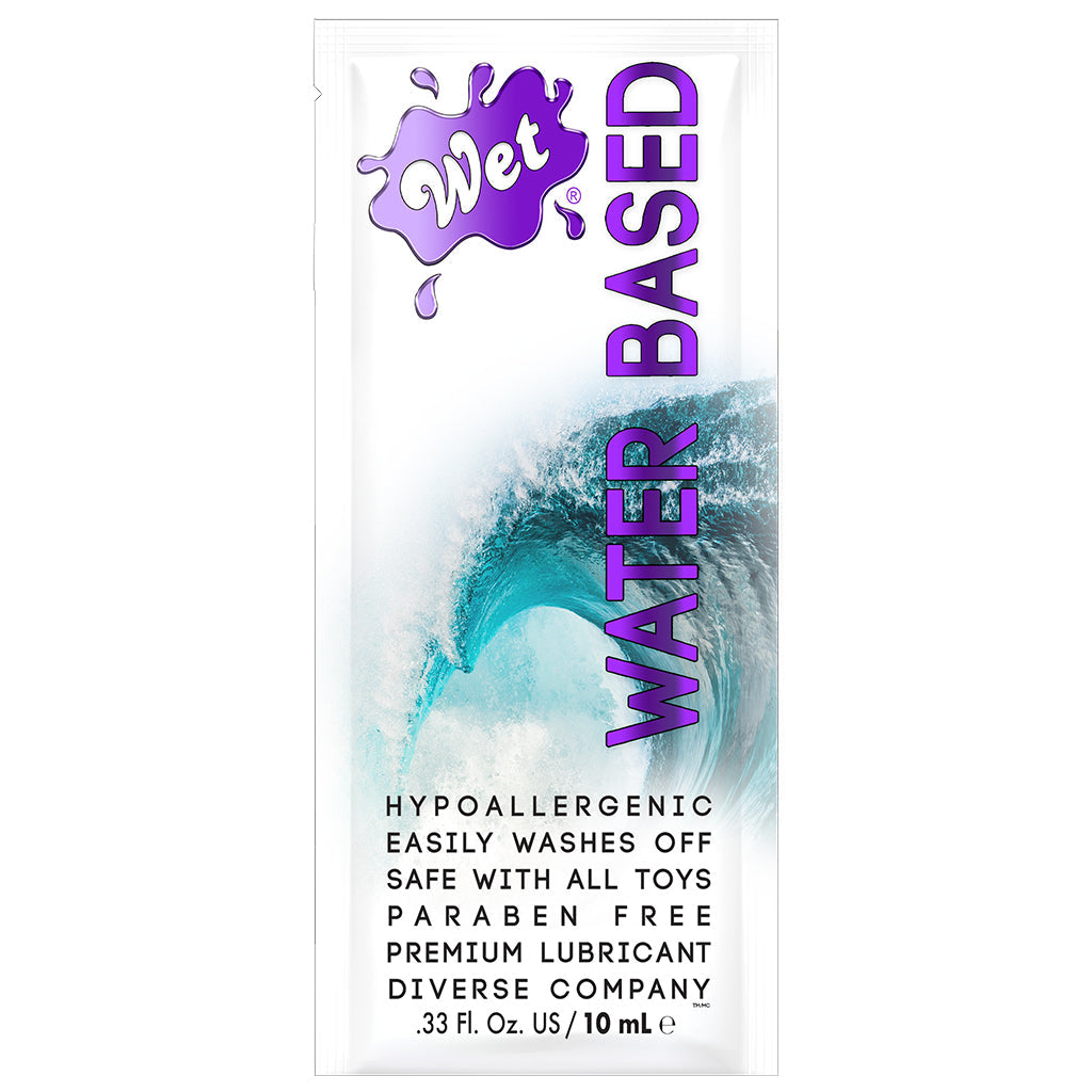 Wet Water Based Personal Lubricant packet with a wave graphic.
