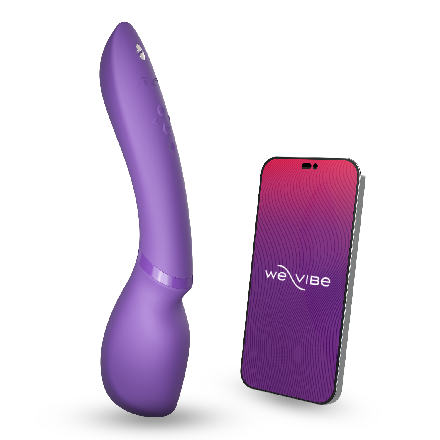 A purple We-Vibe Wand 2 vibrator and a smartphone displaying the We-Vibe app.