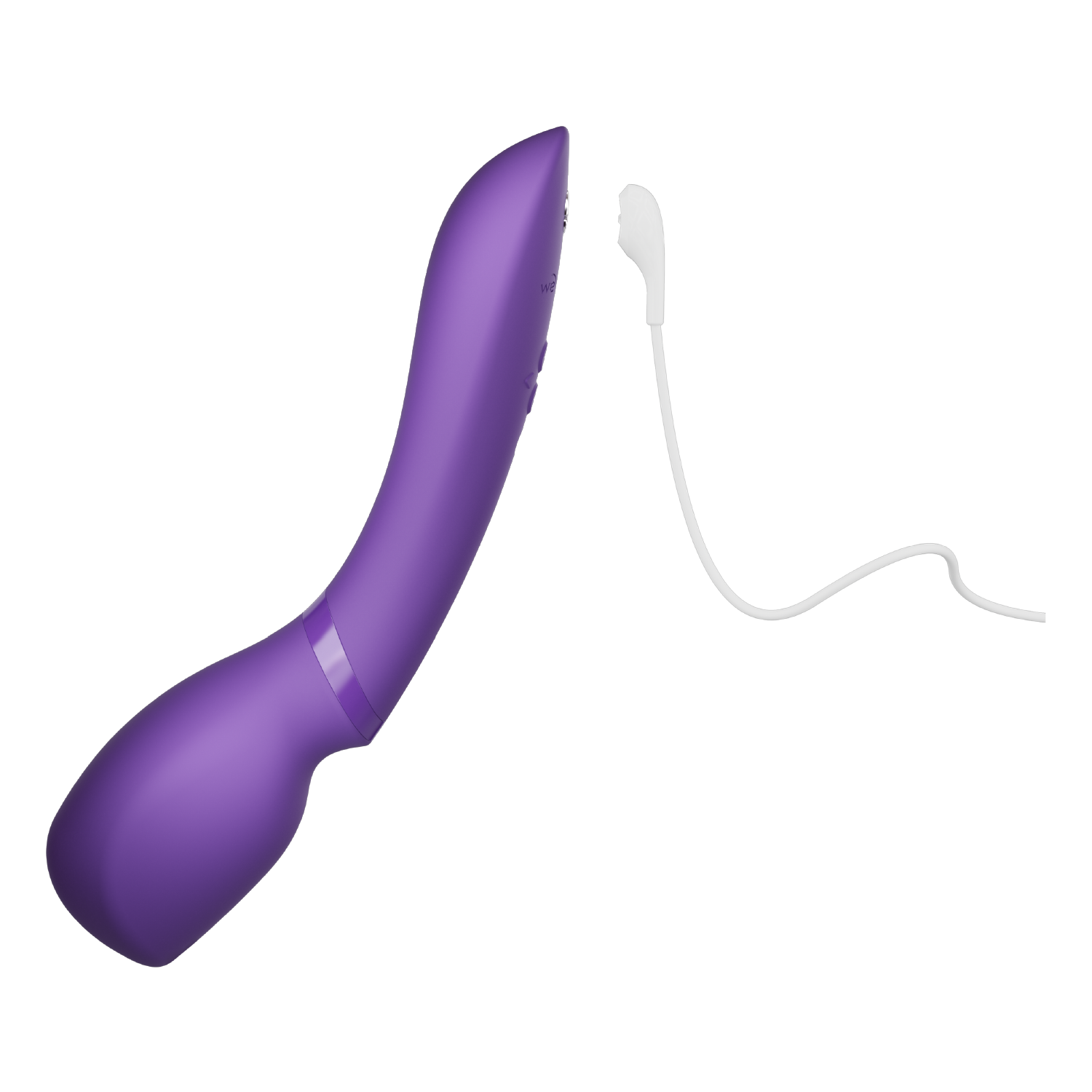 Purple rechargeable wand vibrator with app control next to a white sperm emoji.
