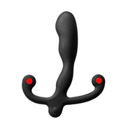 A black vibrating prostate massager with two red dots on the ends of its arms.