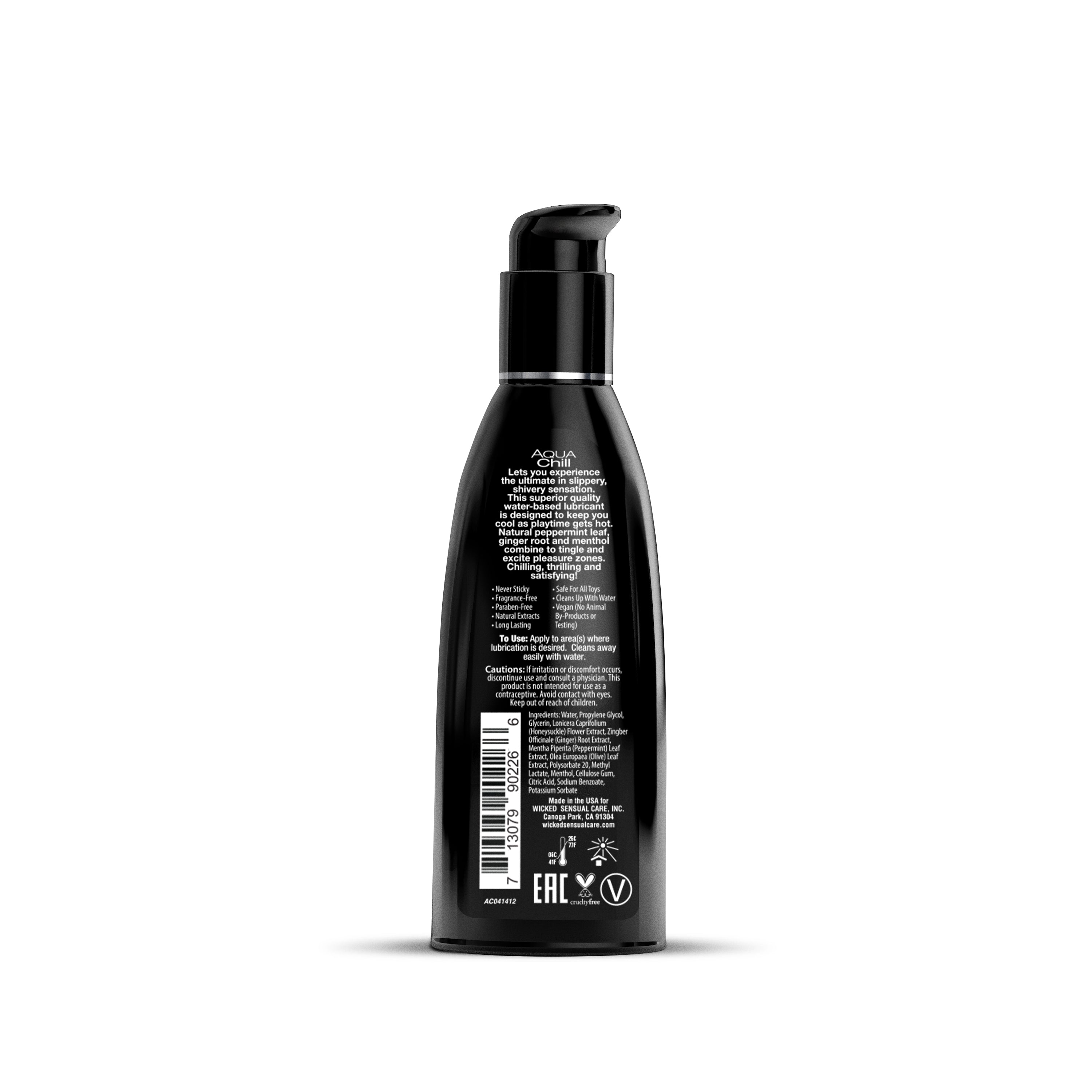 A black bottle of Wicked Aqua Chill cooling water-based personal lubricant with a pump dispenser.