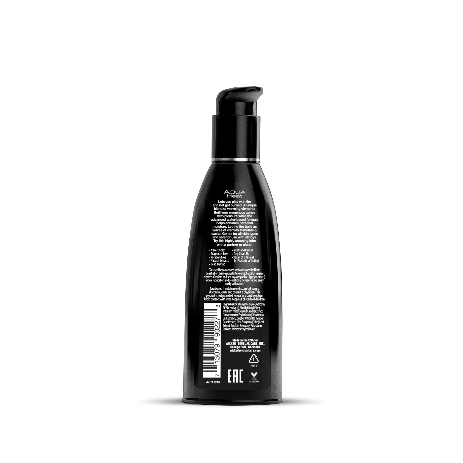 A black bottle of Wicked Aqua Heat warming water-based personal lubricant with a pump dispenser.