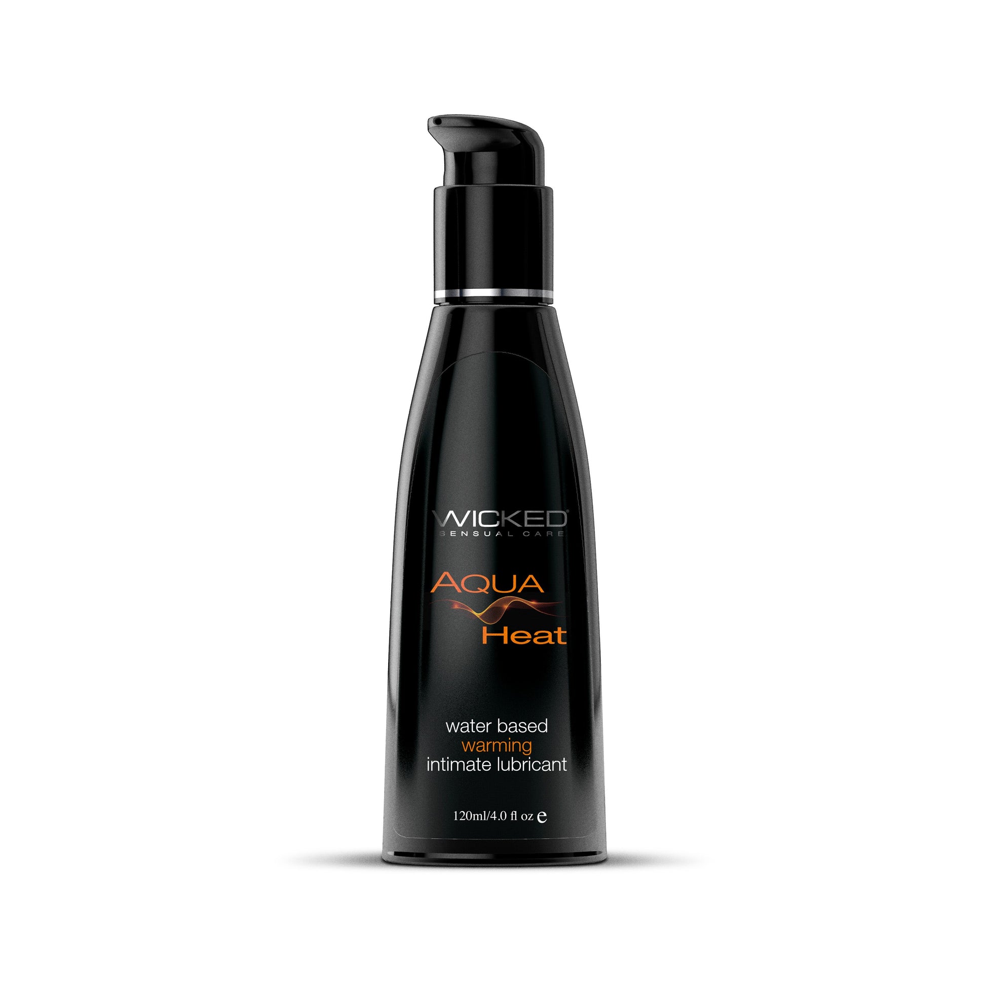 A black bottle of Wicked Aqua Heat warming water-based intimate lubricant.
