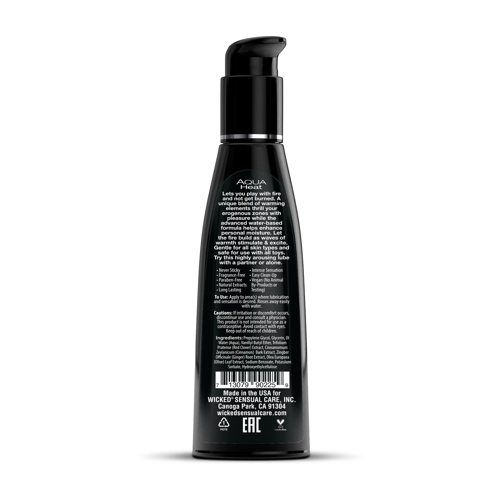 Black bottle of Wicked Aqua Heat warming water-based personal lubricant with pump dispenser.