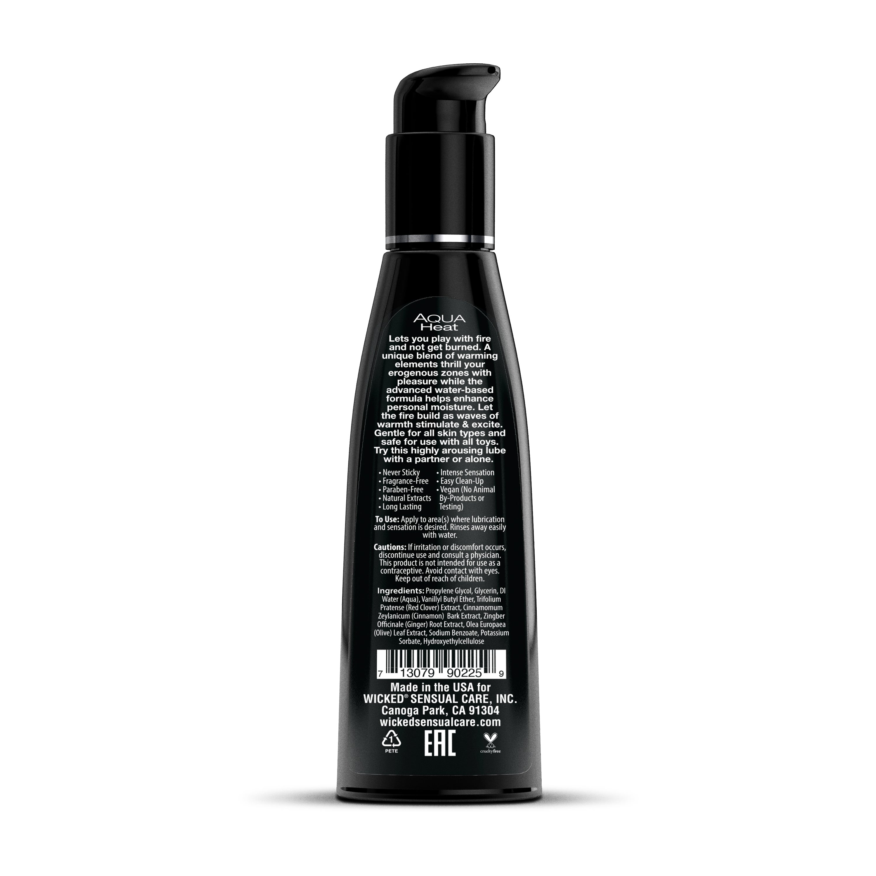 Black bottle of Wicked Aqua Heat warming water-based personal lubricant with pump dispenser.