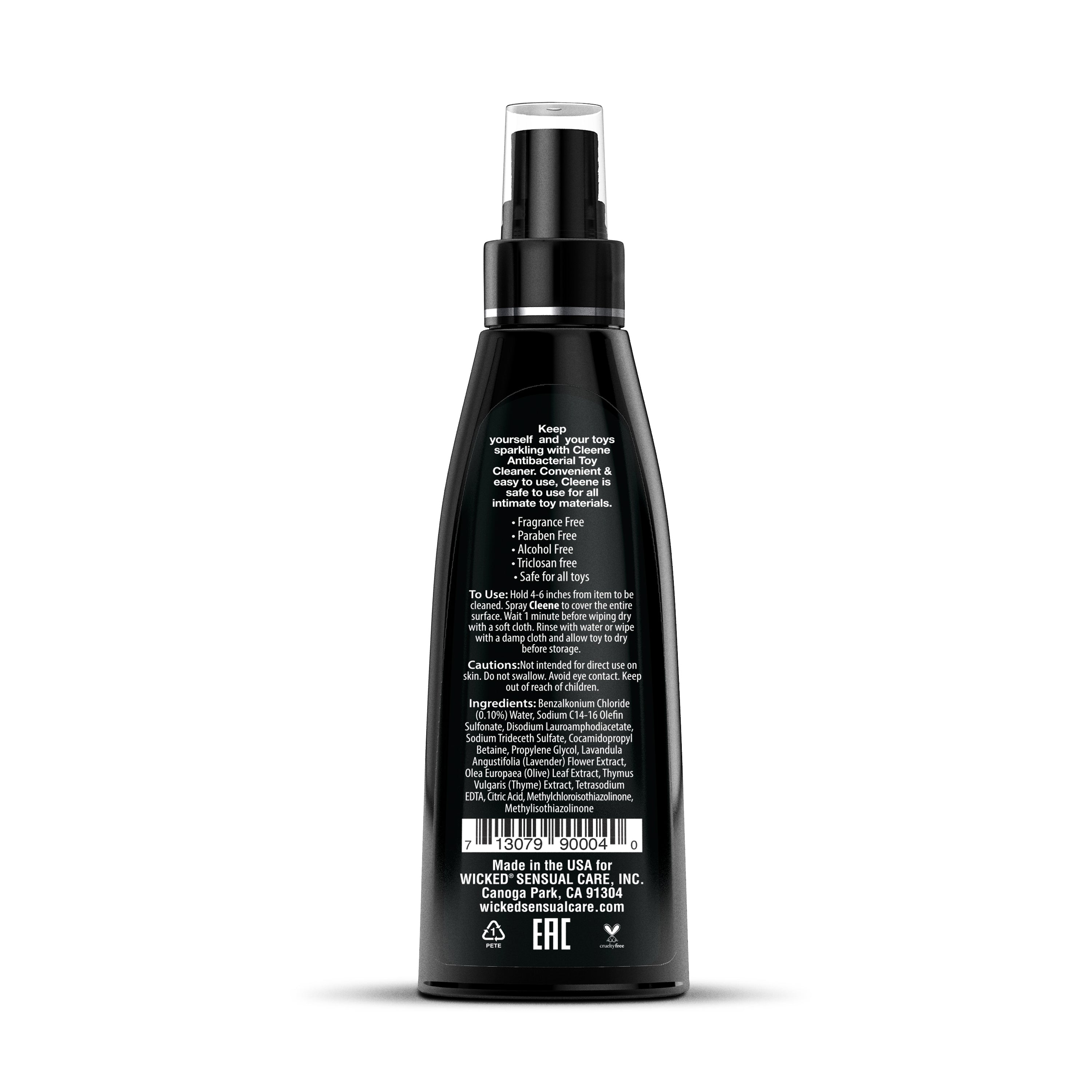 A black spray bottle of fragrance-free antibacterial toy cleaner.