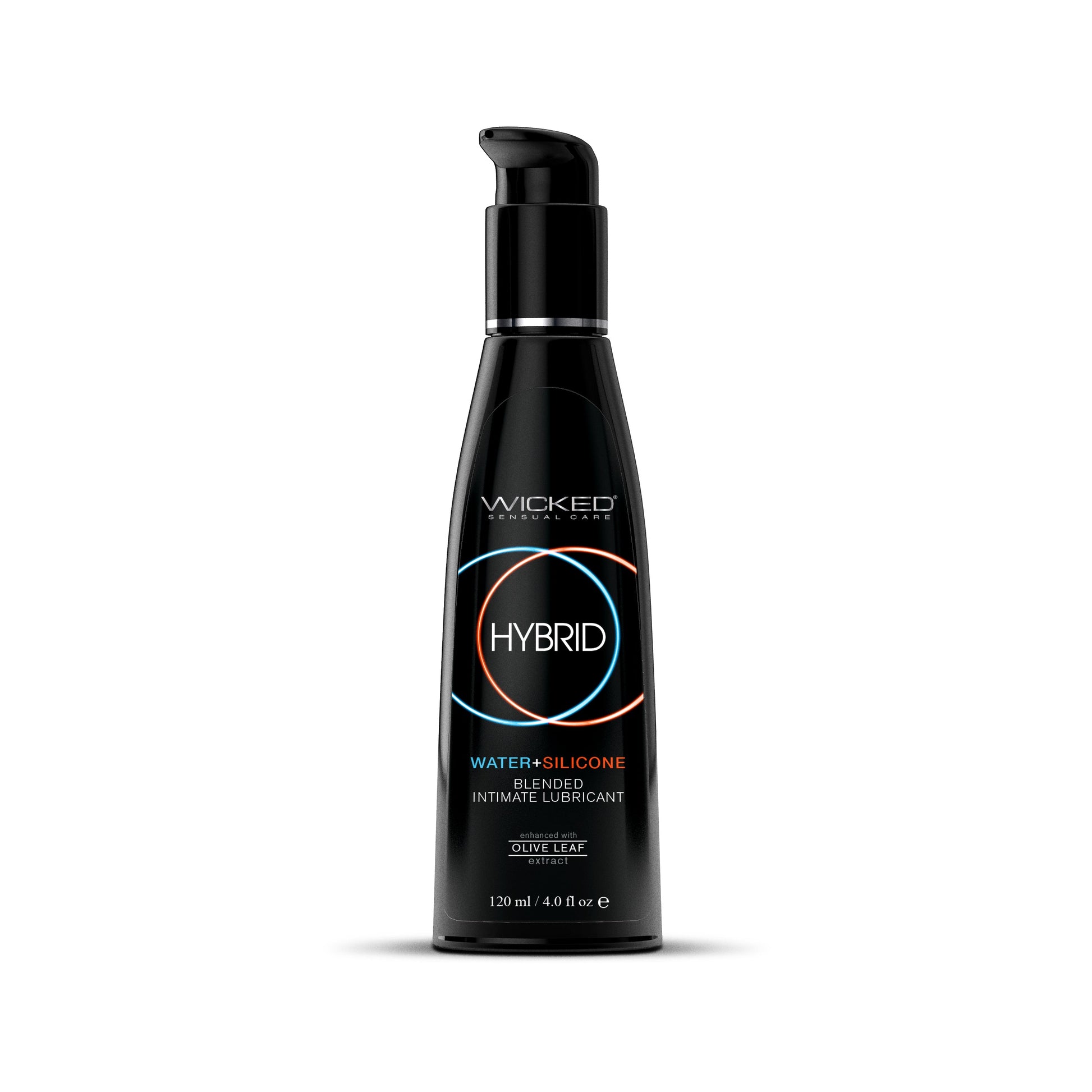 Black bottle of Wicked Hybrid Lubricant with a pump dispenser.