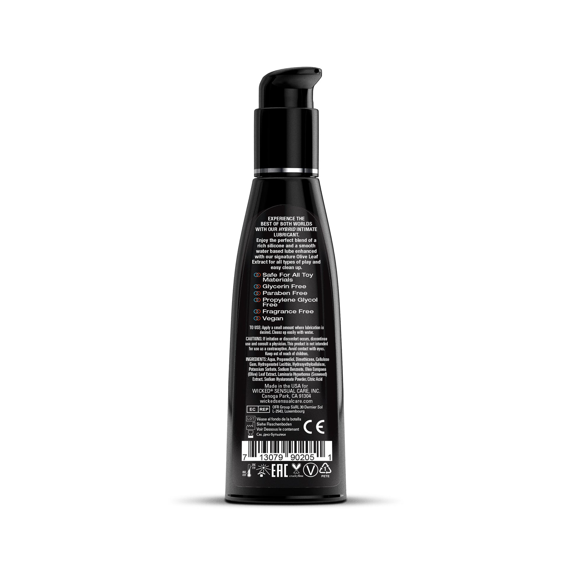 Black bottle of Wicked Hybrid Lubricant with pump dispenser.