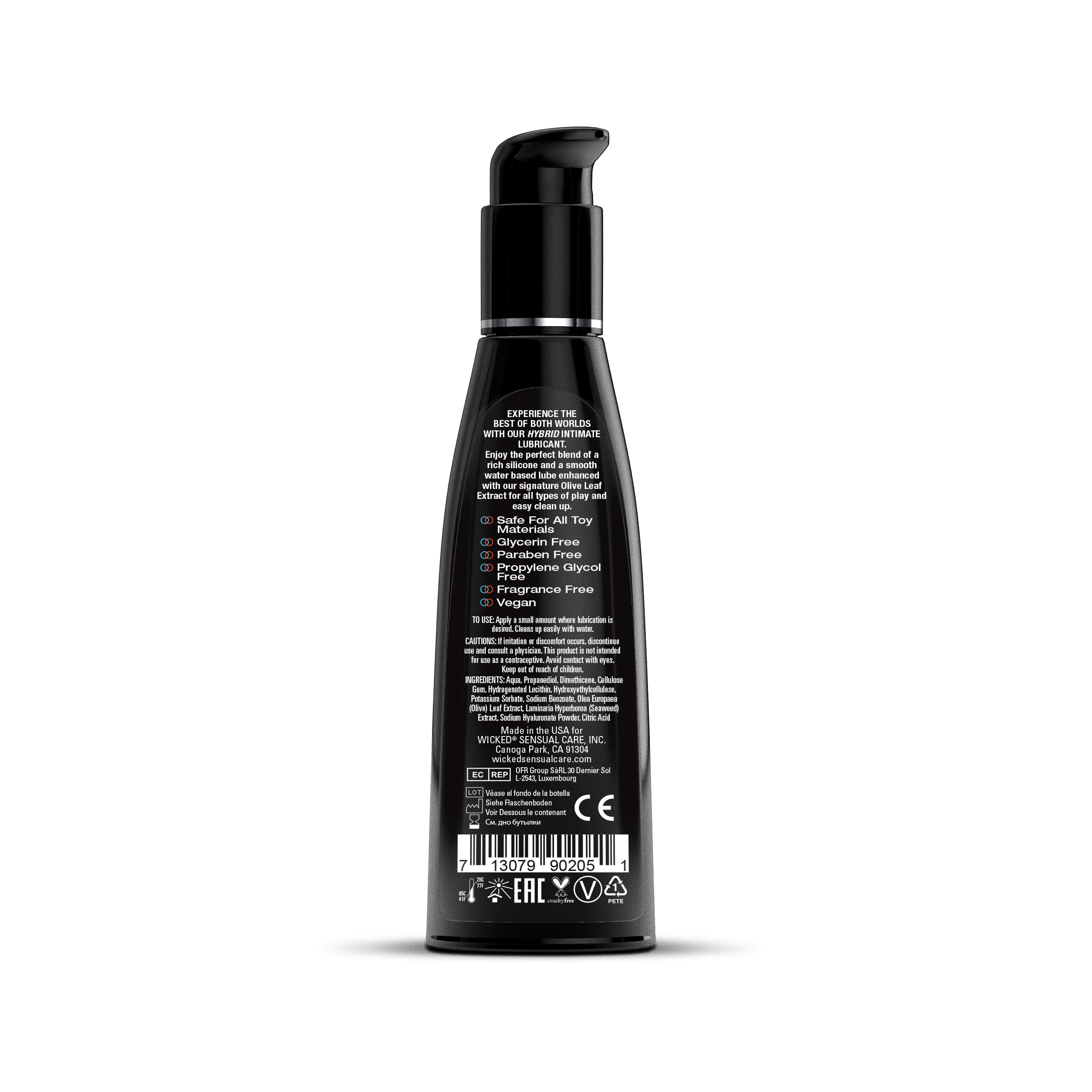 Black bottle of Wicked Hybrid Lubricant with pump dispenser.
