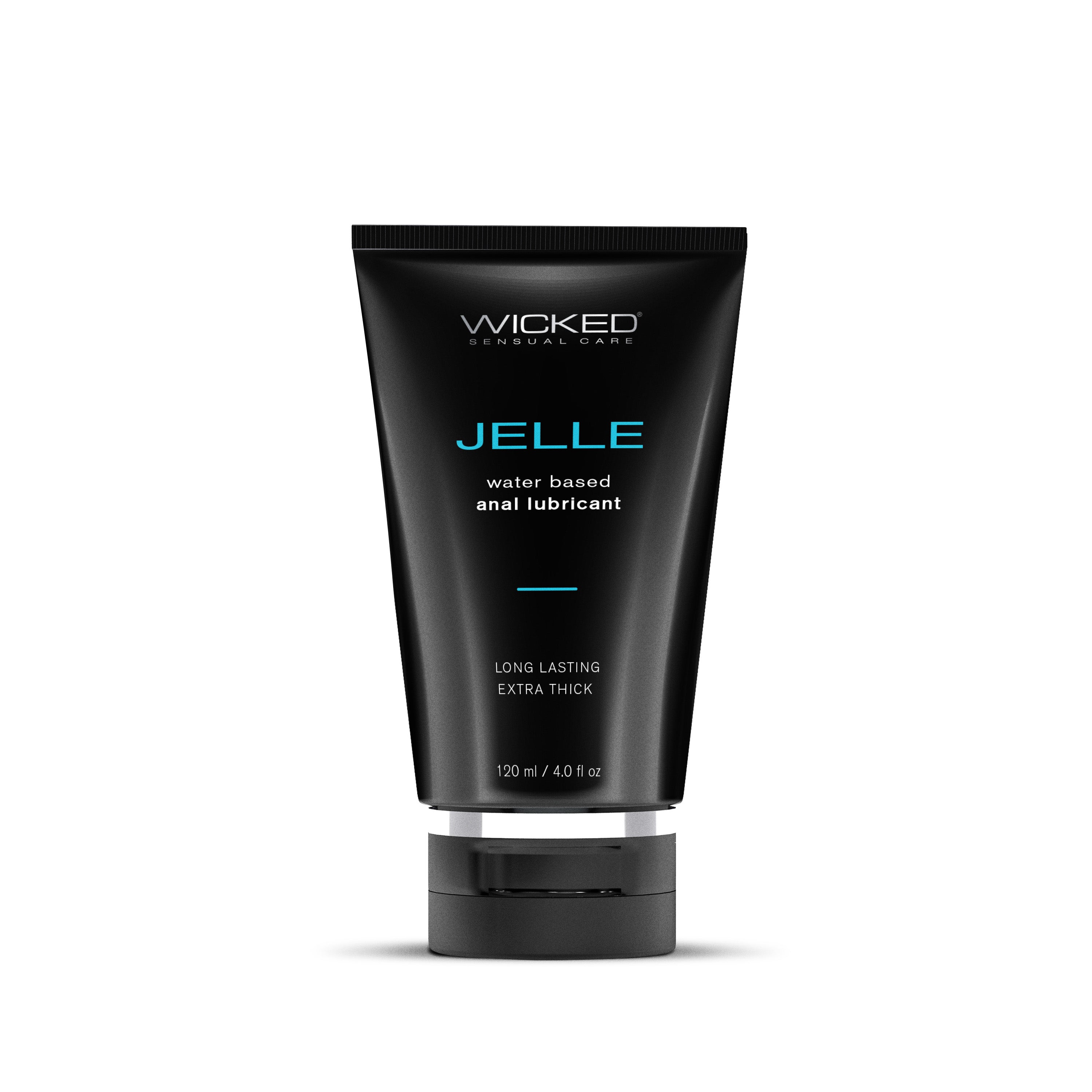 Wicked Jelle water-based anal lubricant in a black tube with blue text.