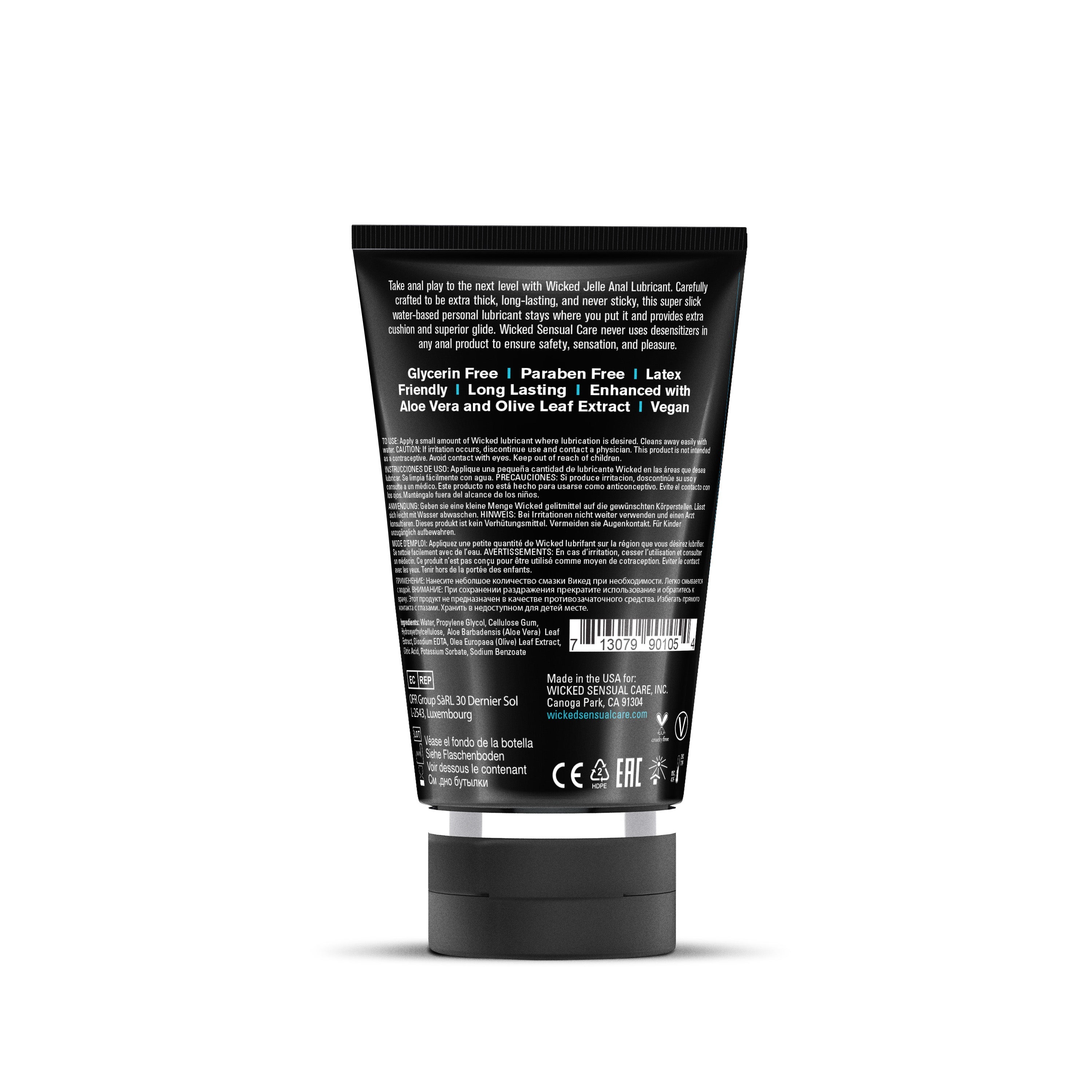 A black tube of Wicked Jelle Anal Lubricant with product information.