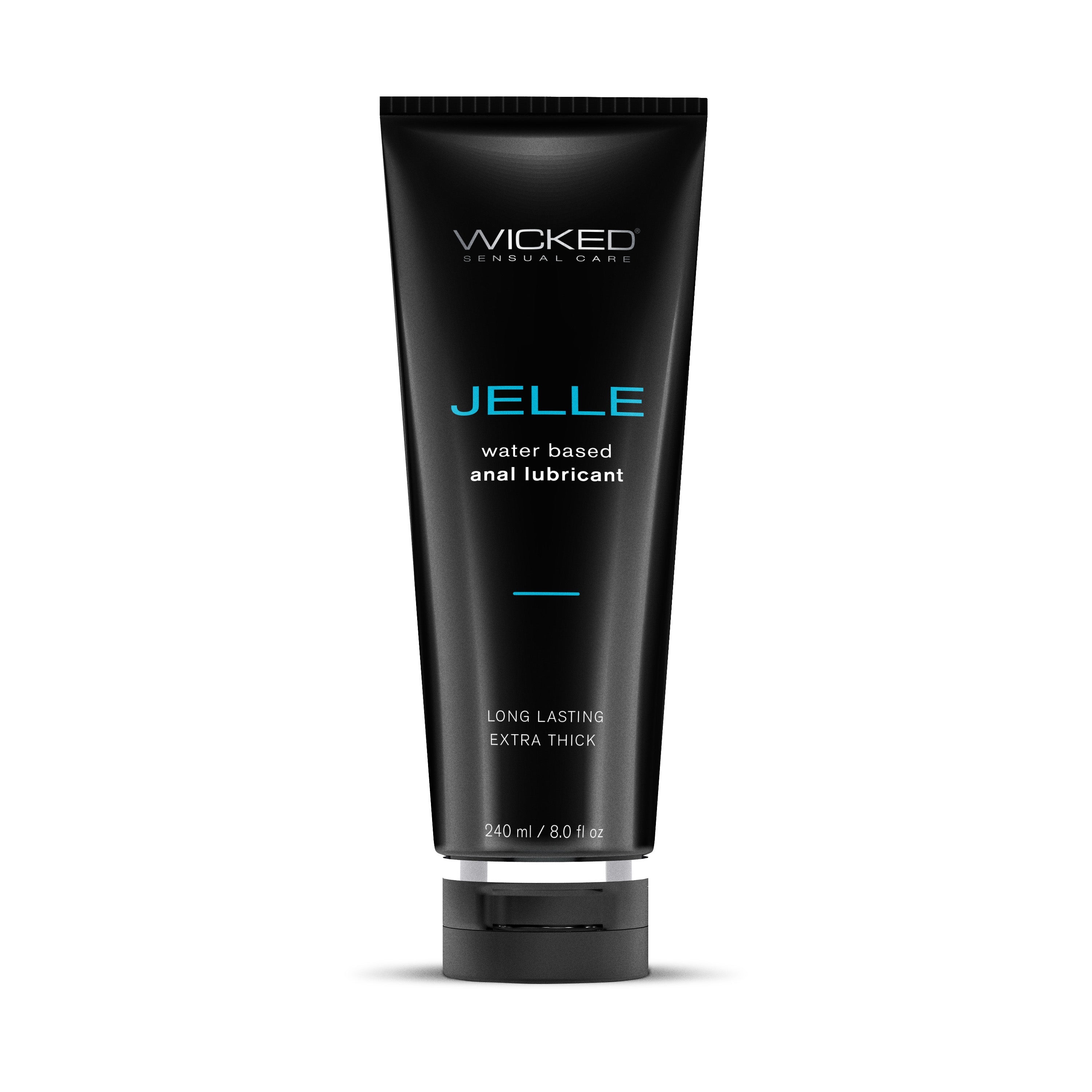 Wicked Jelle water-based anal lubricant in an 8oz black tube.