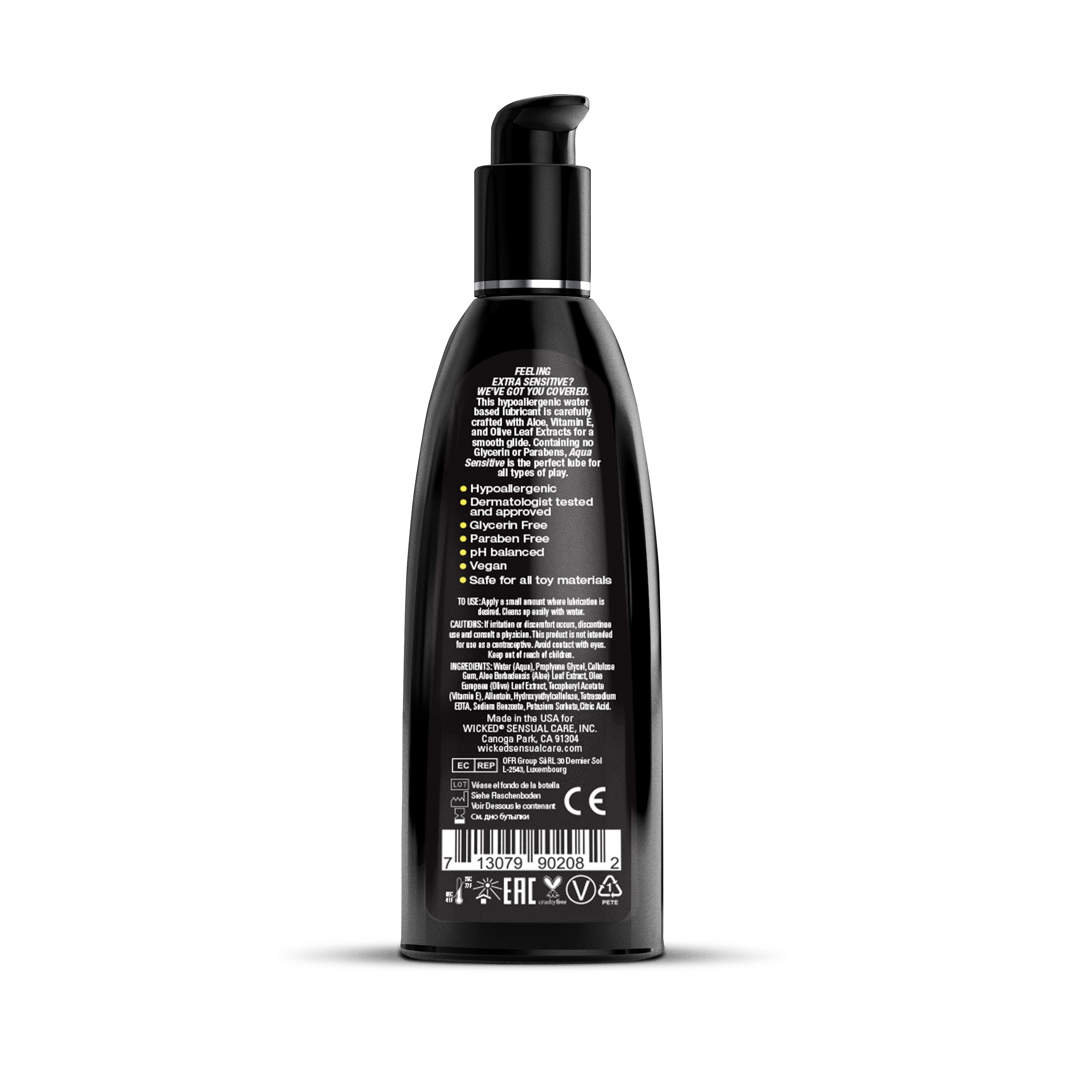 Black bottle of Wicked Aqua Sensitive water-based lubricant with pump dispenser.
