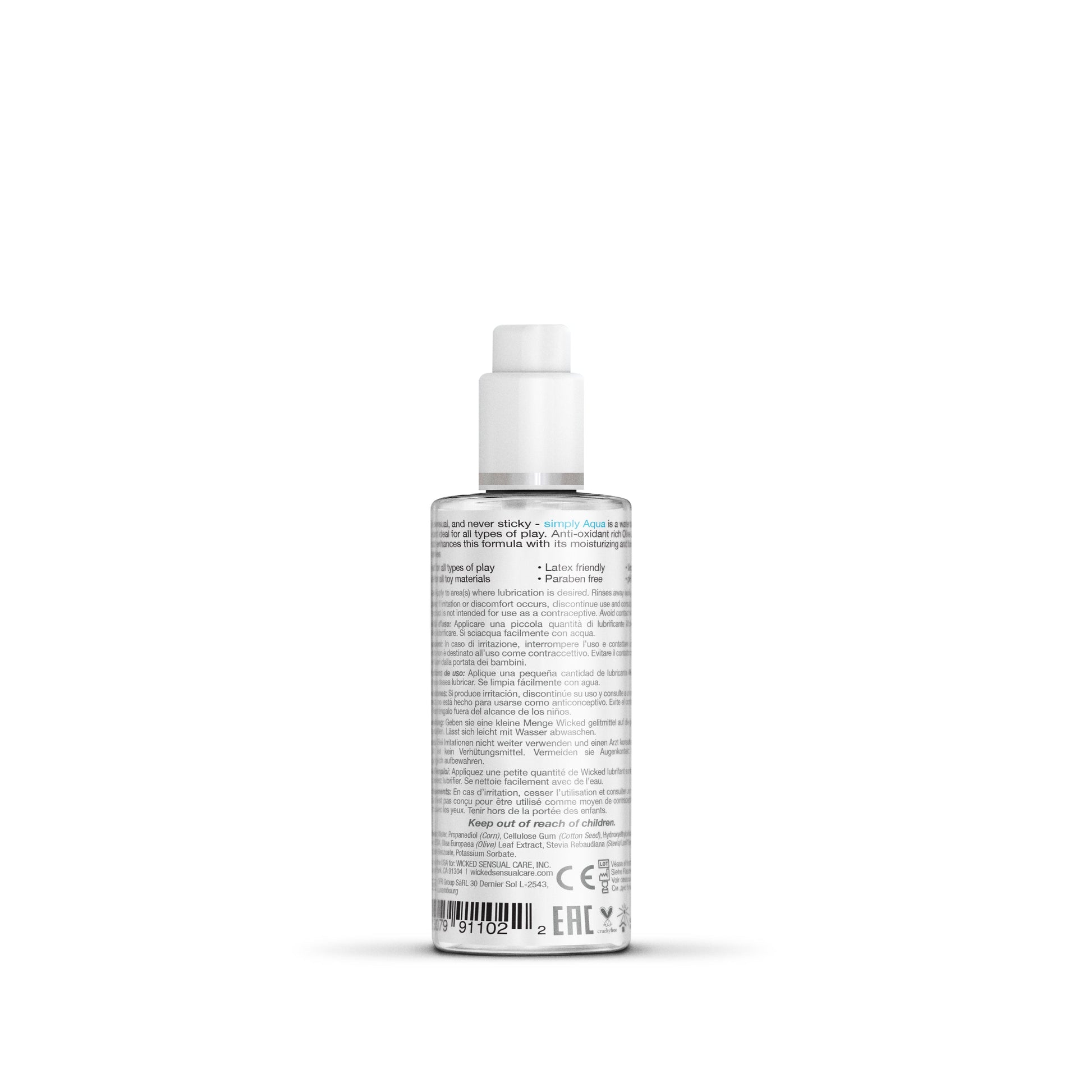 A clear bottle of Simply Aqua water-based lubricant with a white cap.