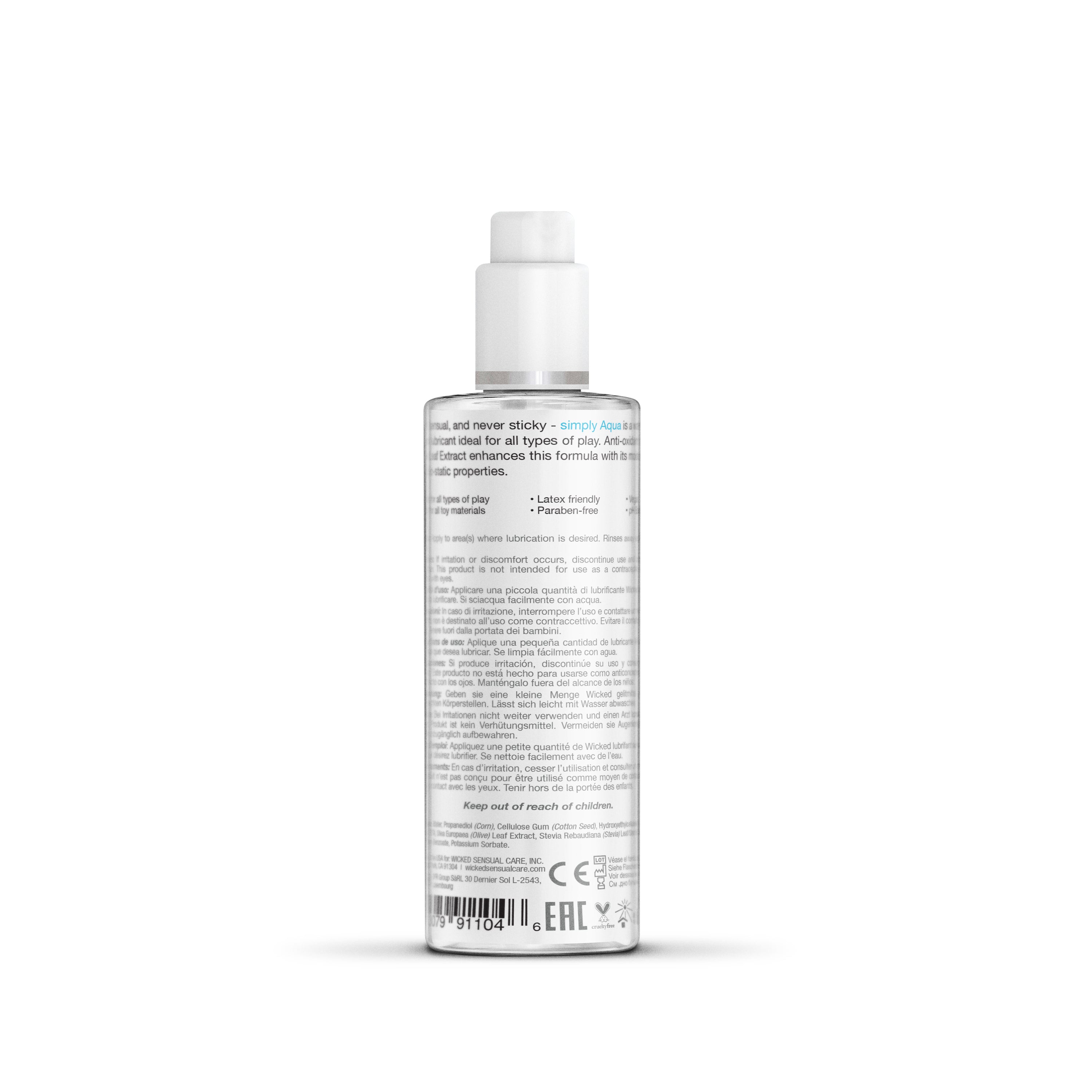 Simply Aqua water-based lubricant in a clear bottle with a white cap.