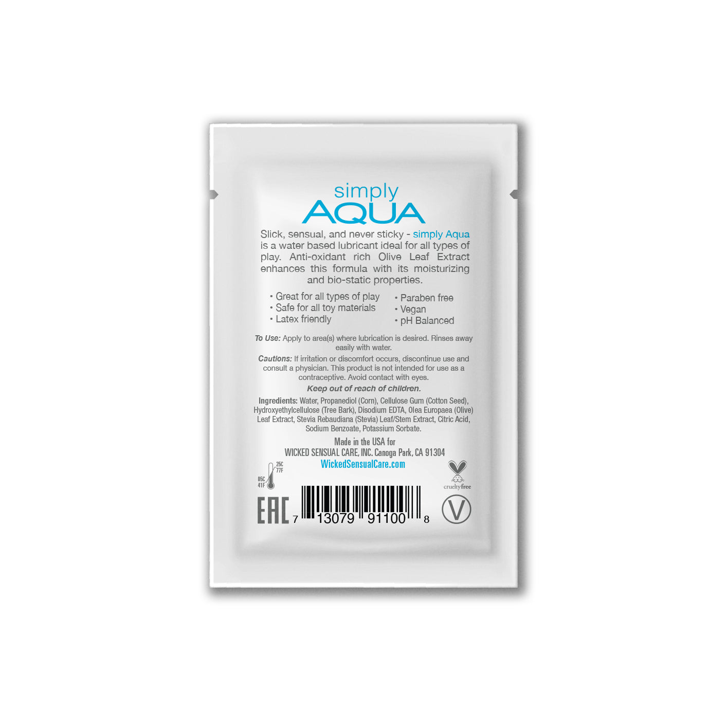 Simply Aqua water-based lubricant sachet with ingredients and usage instructions.