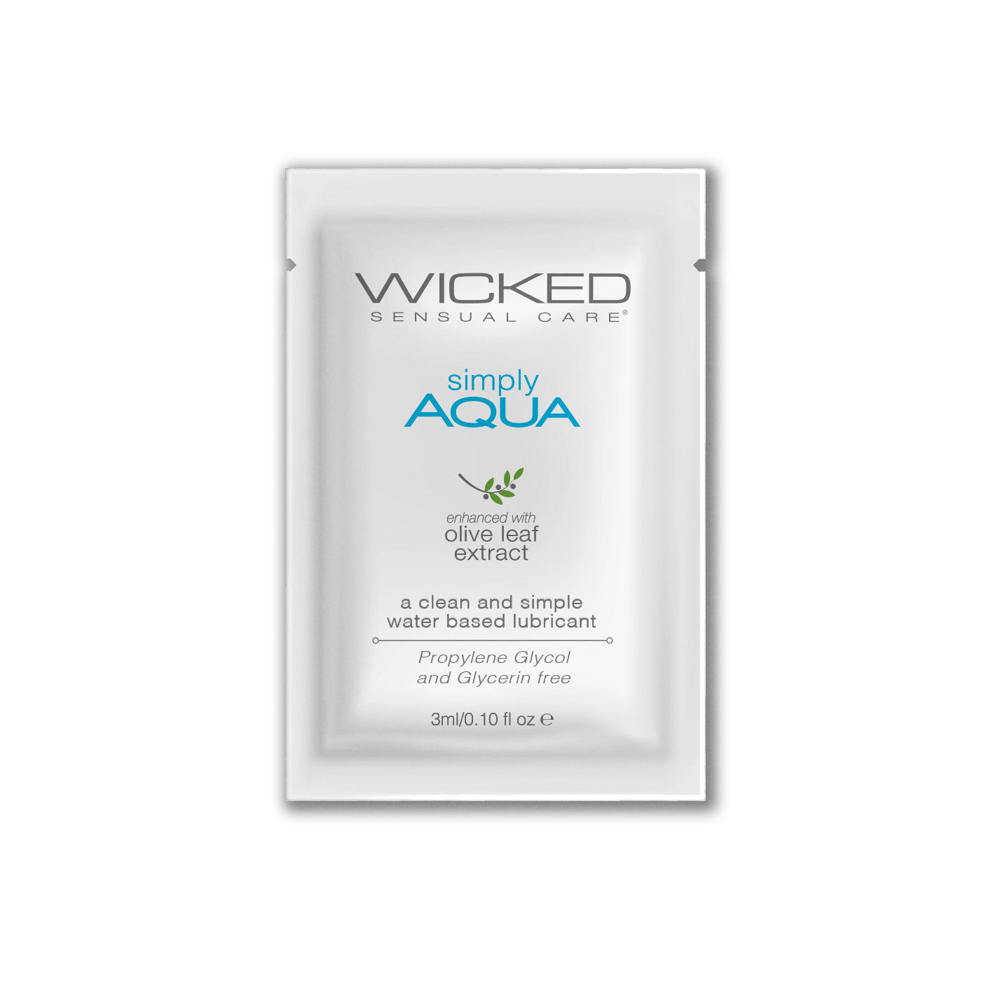 Wicked Simply Aqua water based lubricant sachet with olive leaf extract.