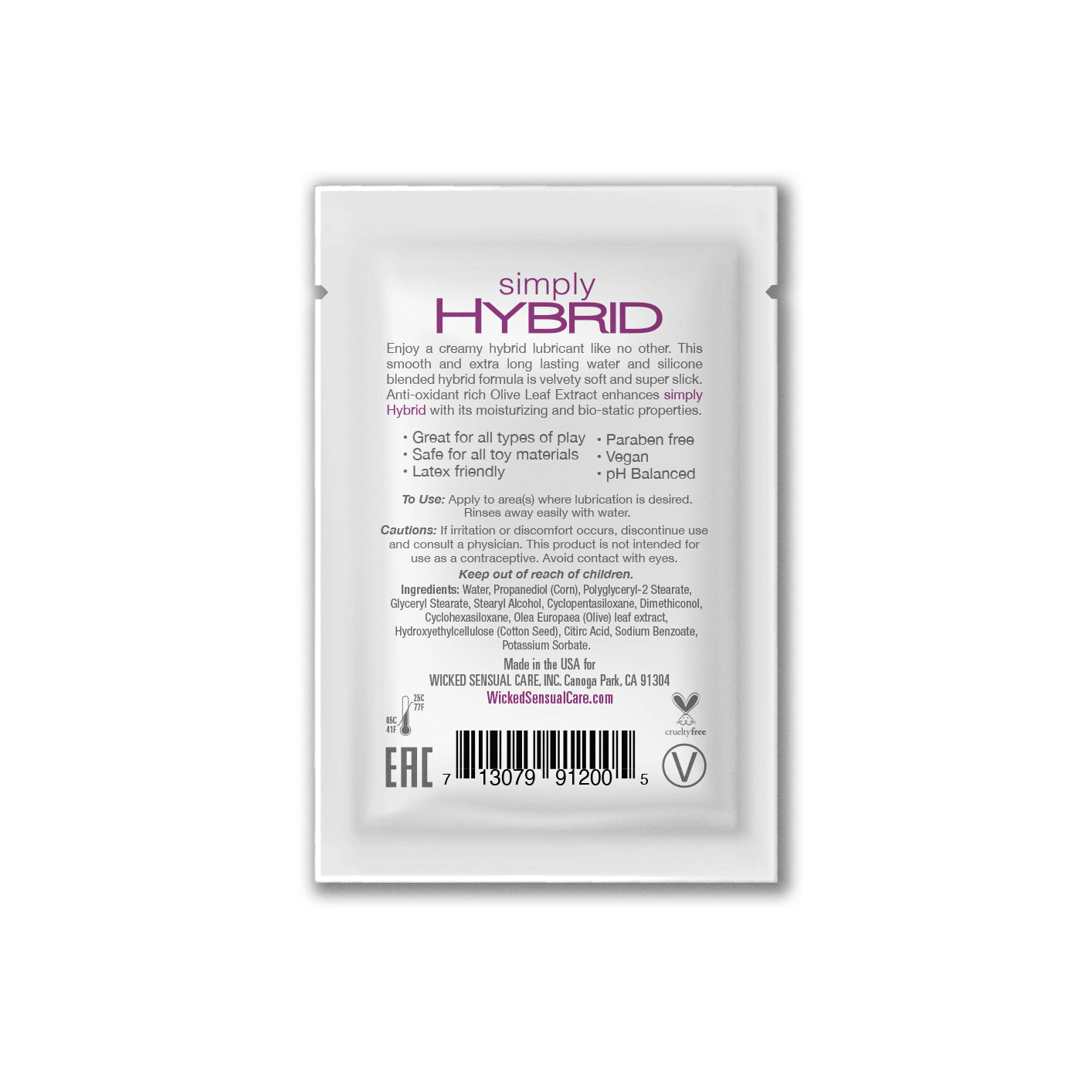 Sachet of Simply Hybrid water and silicone lubricant with product information.