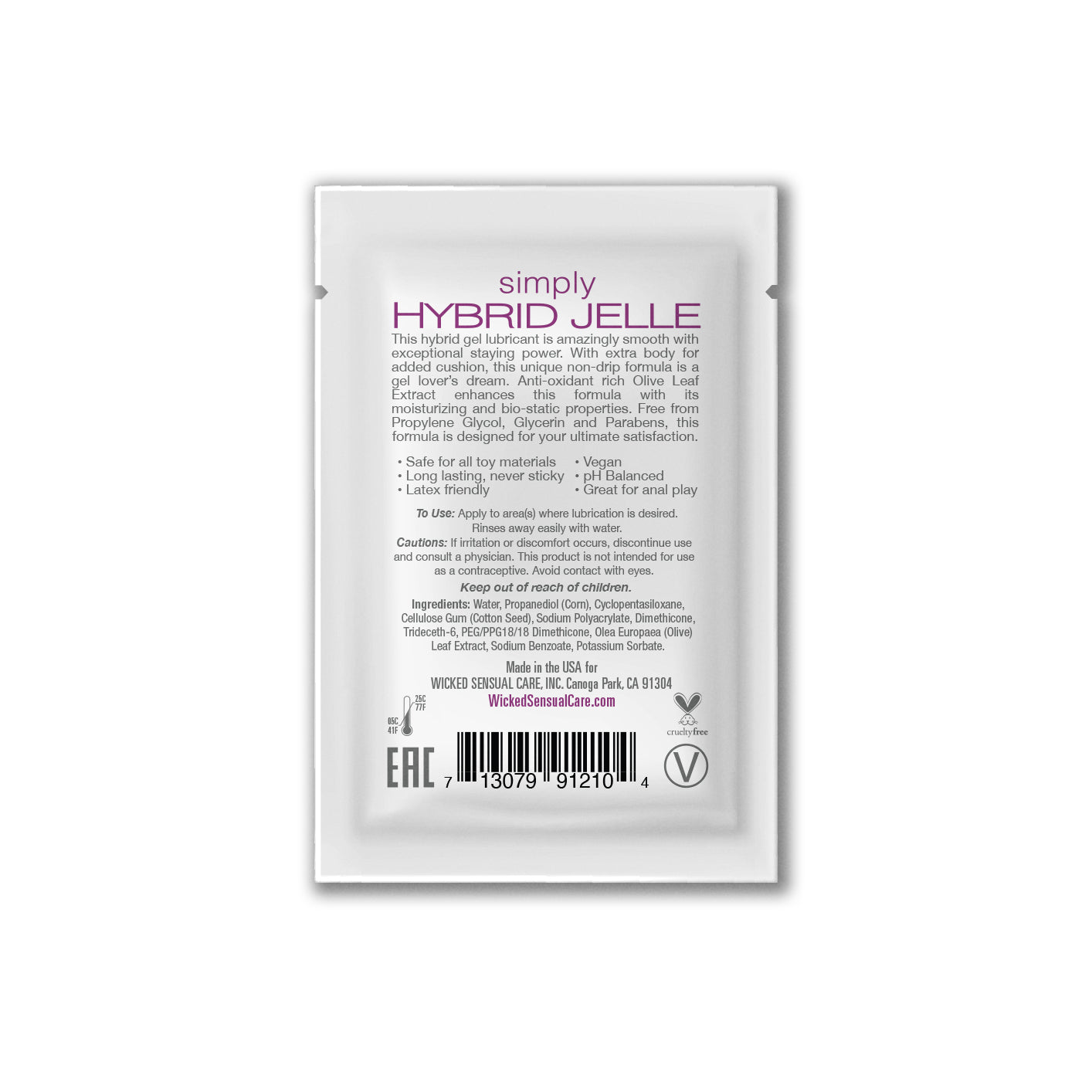 A sachet of Simply Hybrid Jelle lubricant with product information.