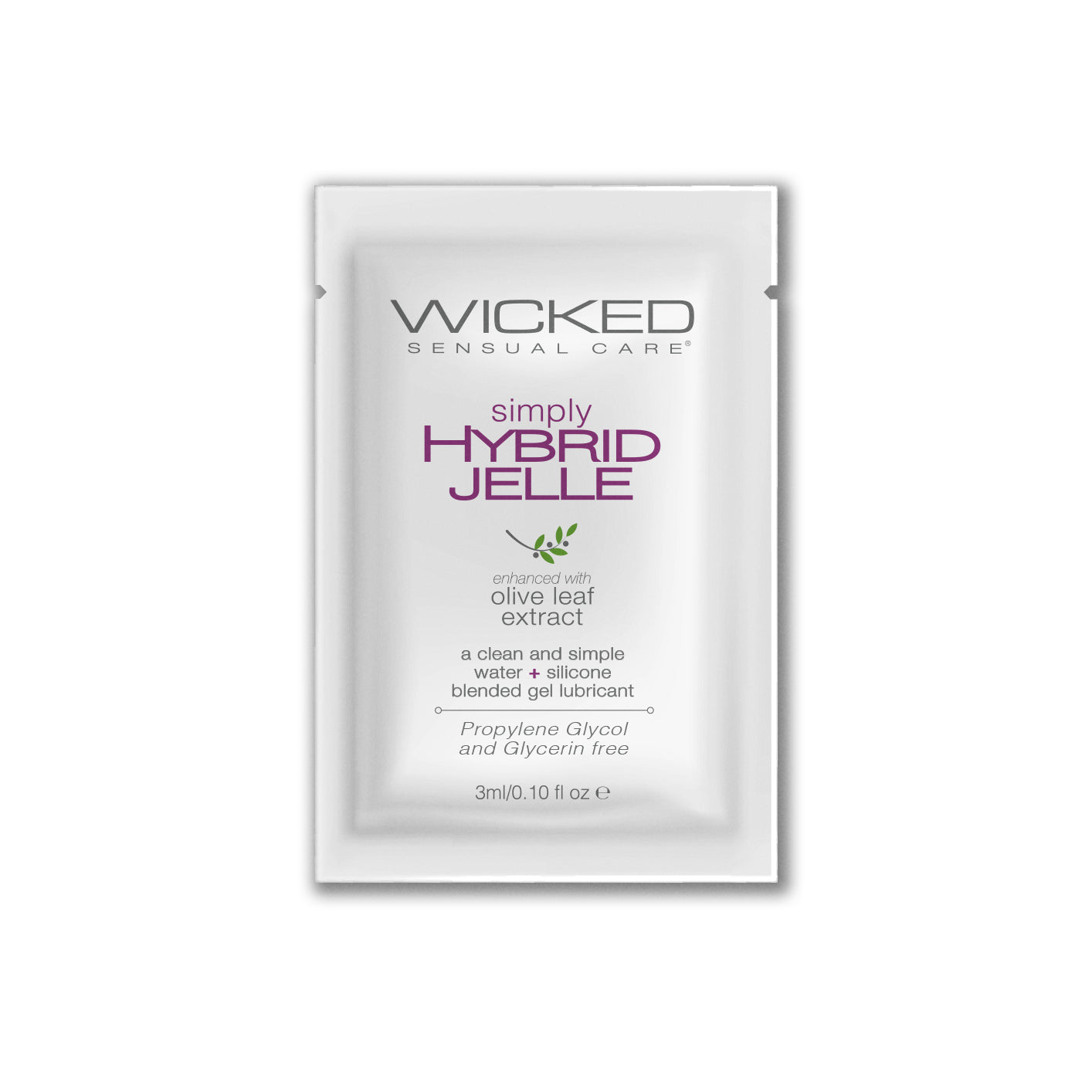 Wicked Sensual Care Hybrid Jelle lubricant sachet with olive leaf extract.