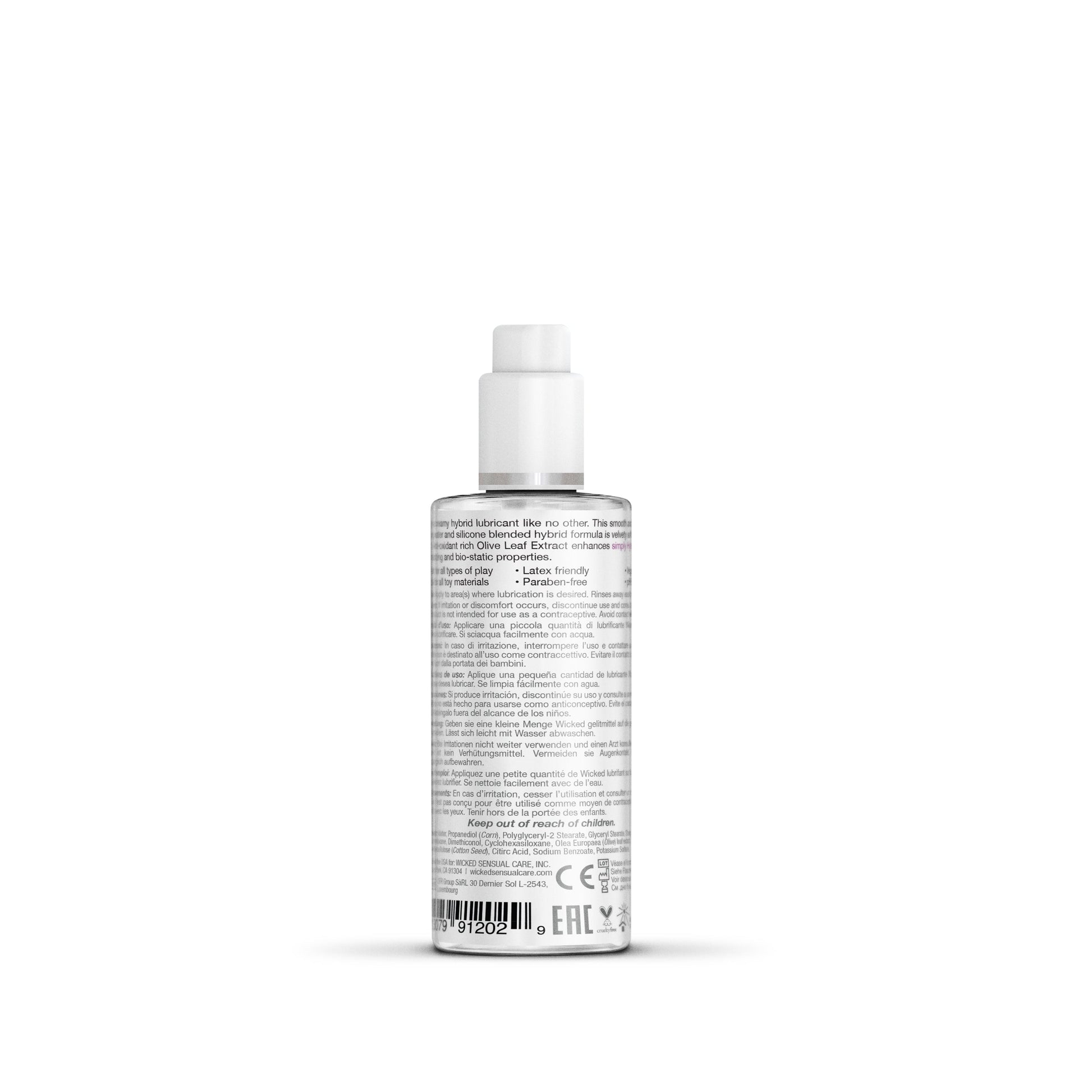 A clear bottle of hybrid water and silicone lubricant with a white cap.